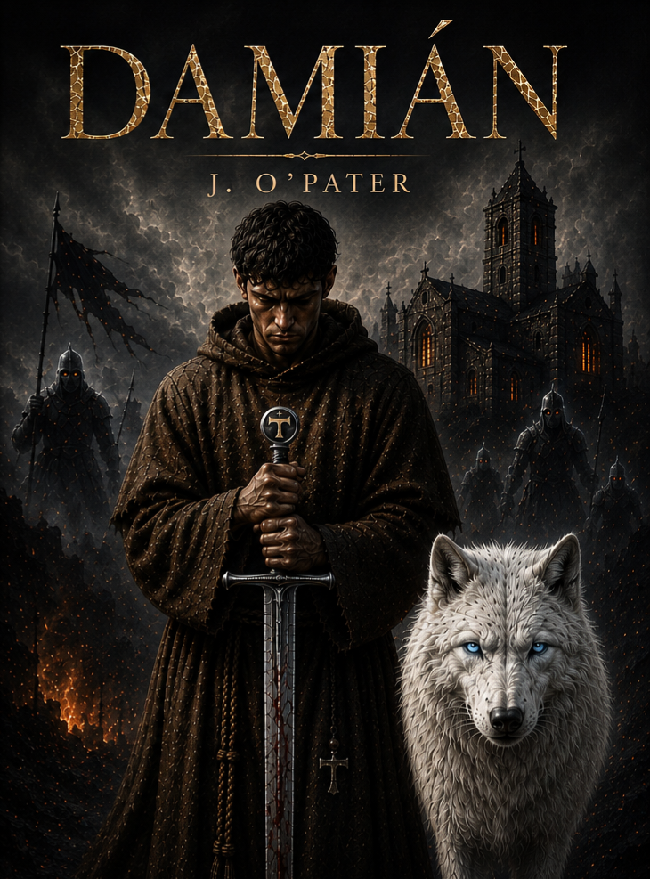 Portada de Damián, de J. O'Pater — un fraile con una espada de empuñadura en cruz tau junto a un lobo blanco, ante un convento entre la niebla