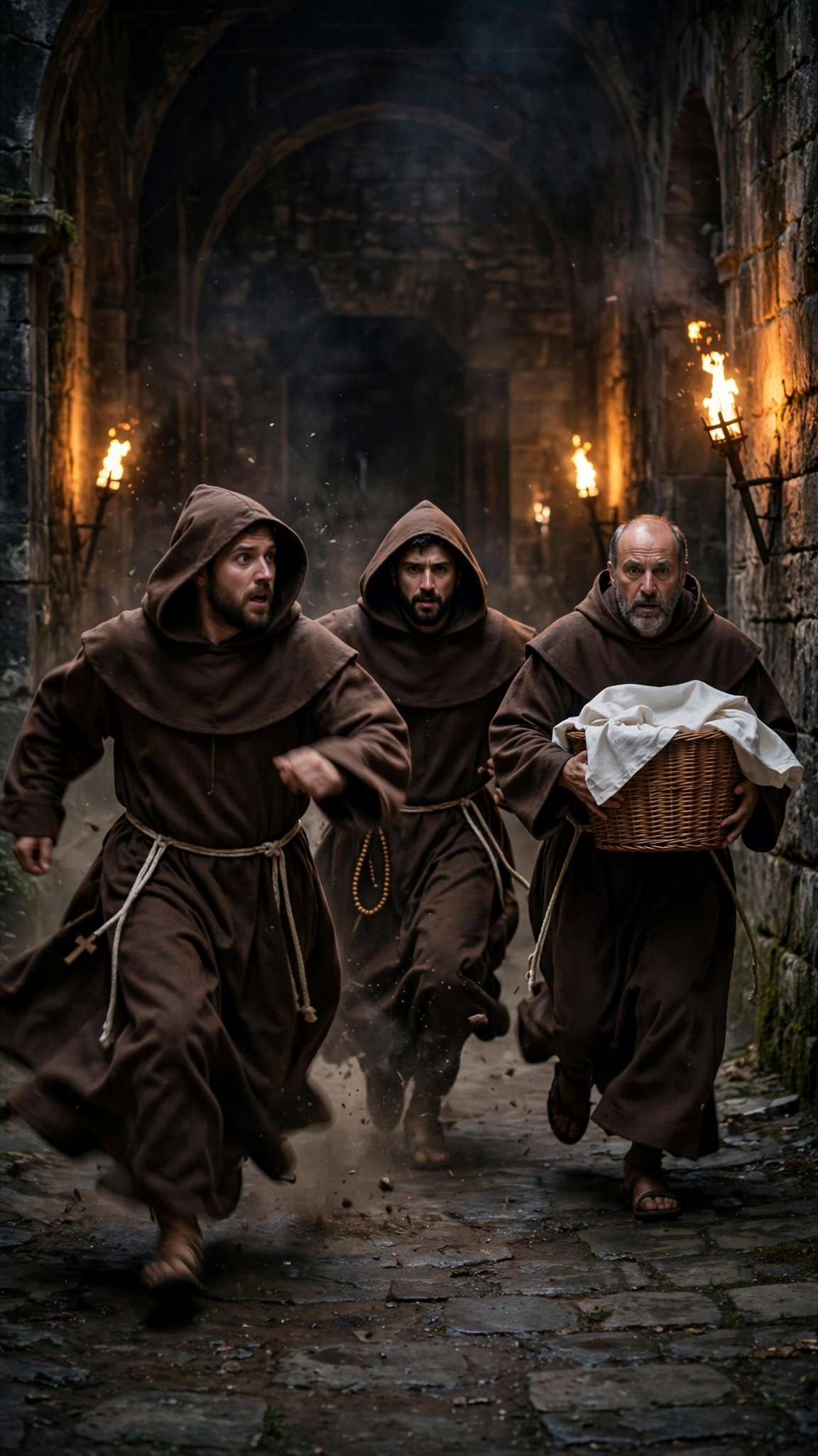 Los tres frailes en el claustro